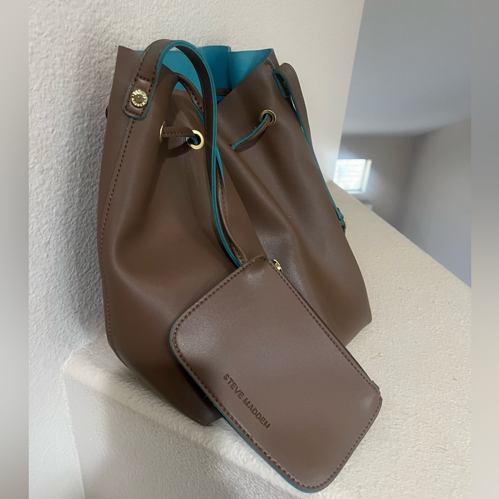 Steve Madden Brown Tassel Drawstring Bucket Bag Wristlet Combo
